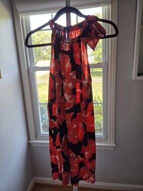 Trina Turk Red and Black One-Shoulder Floral Dress